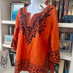 NWT Gretchen Scott Embroidered Tunic in Orange & Blue, Size XL